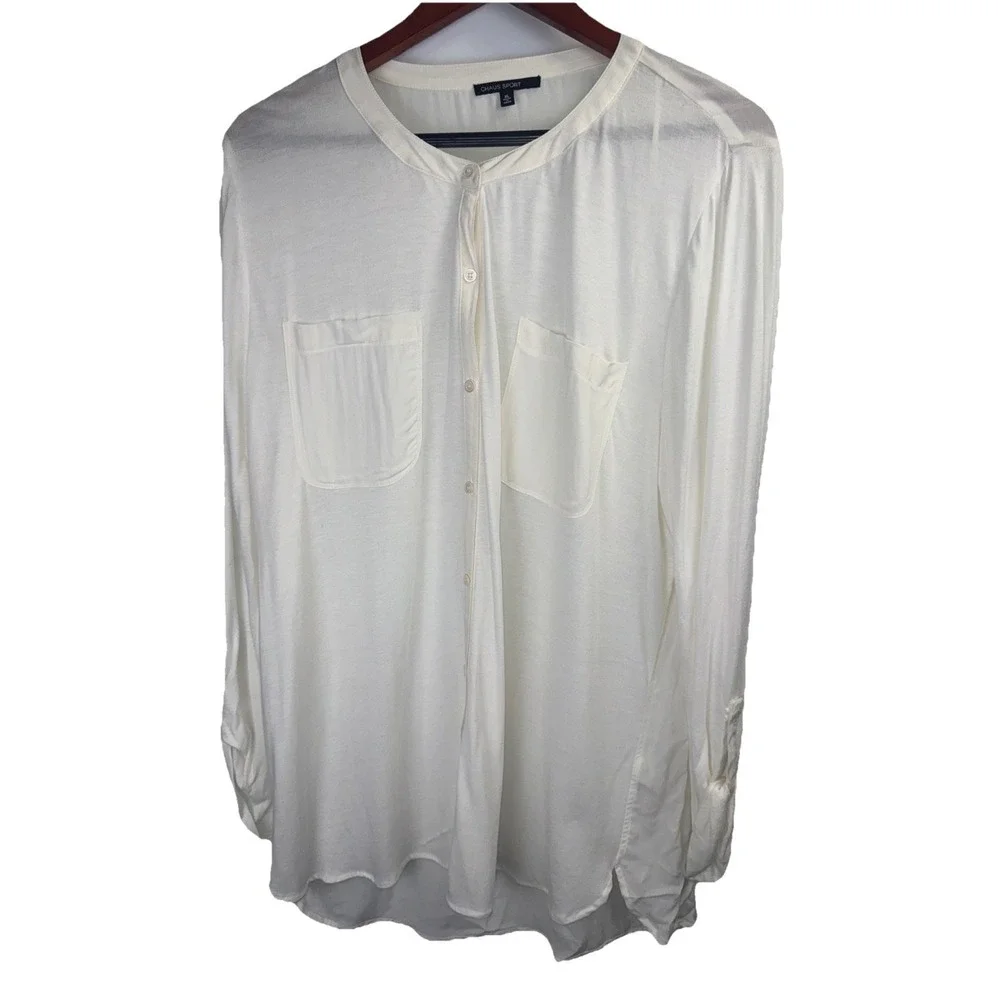 Chaus Womens Button Front Shirt Ivory Long Sleeve Round Collar Dual Pocket XL